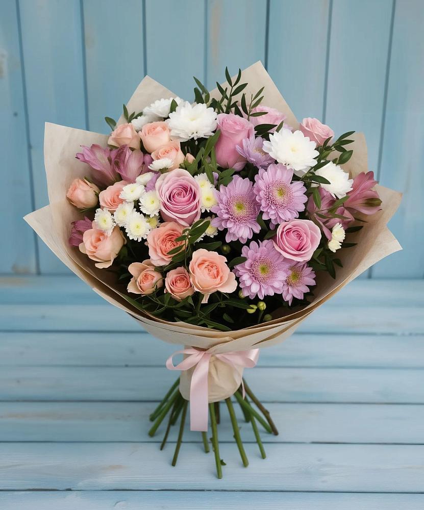 Букет цветов из: Хризантемы, Розы и Альстромерии в Полярных Зорях