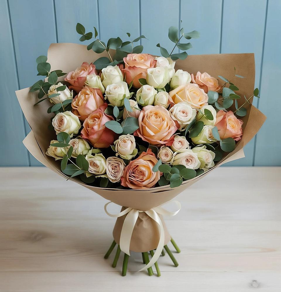 Букет цветов из: Альстромерии и Розы в Полярных Зорях