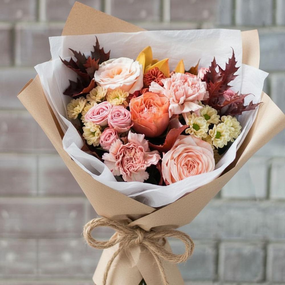 Букет цветов из: Гвоздики, Хризантемы и Розы в Полярных Зорях