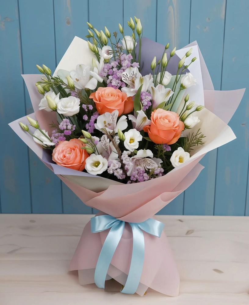 Букет цветов из: Лизиантусы, Розы, Альстромерии и Гипсофила в Полярных Зорях