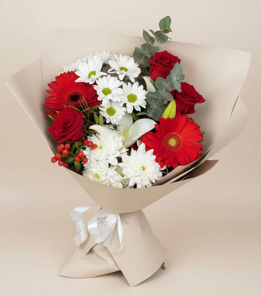 Букет цветов из: Розы, Хризантемы, Герберы и Лилии в Полярных Зорях