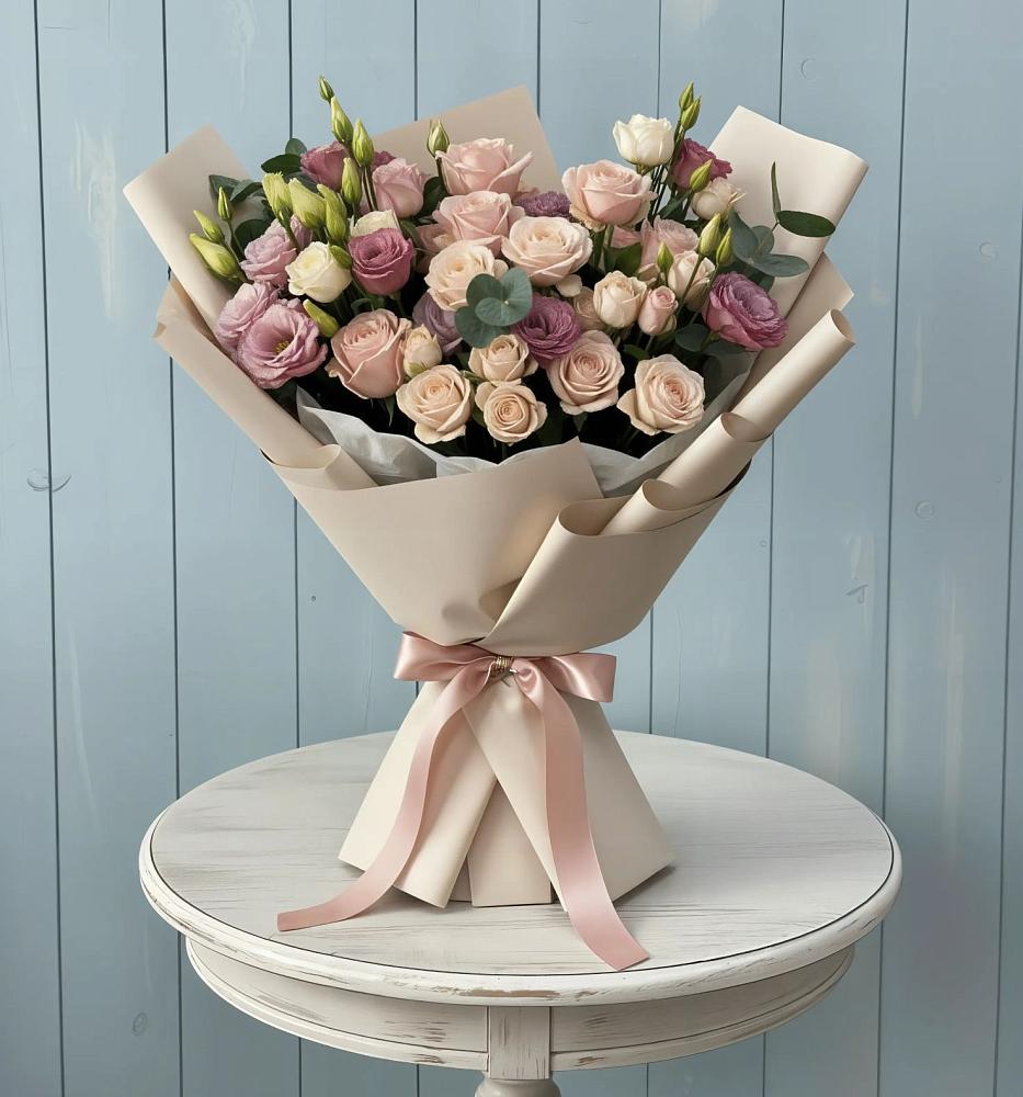 Букет цветов из: Розы и Лизиантусы в Полярных Зорях