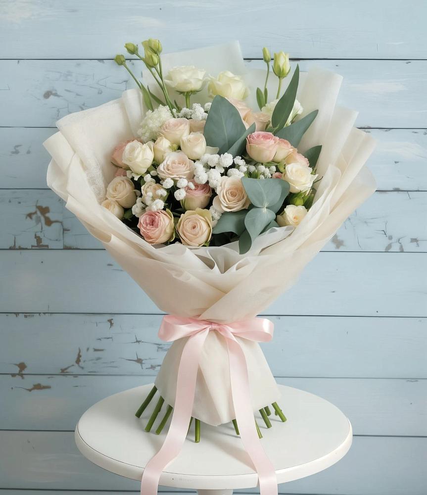 Букет цветов из: Розы и Лизиантусы в Полярных Зорях