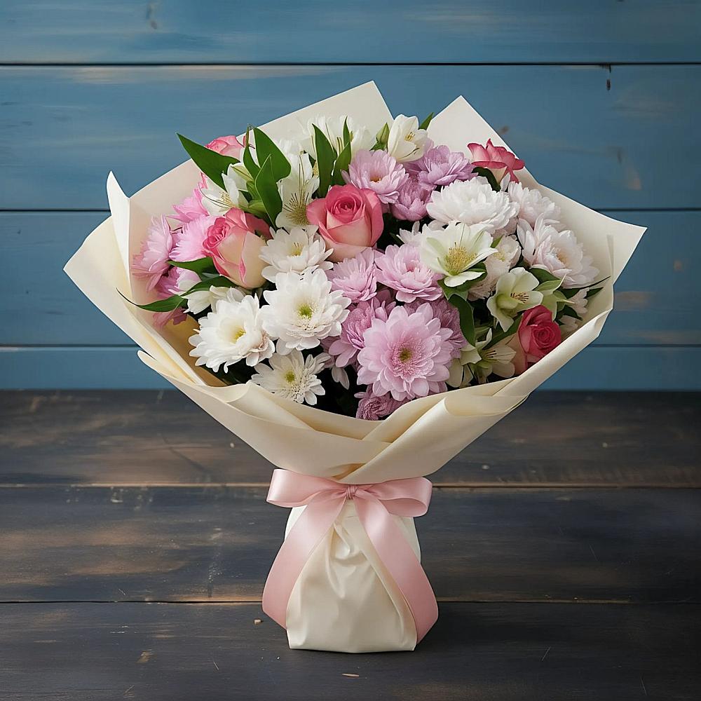 Букет цветов из: Хризантемы, Альстромерии и Розы в Полярных Зорях